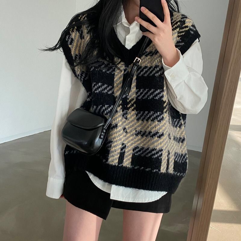 Plaid Lady Sweaters Tops 2025  - Women Formal Wear Korean 评论和价格