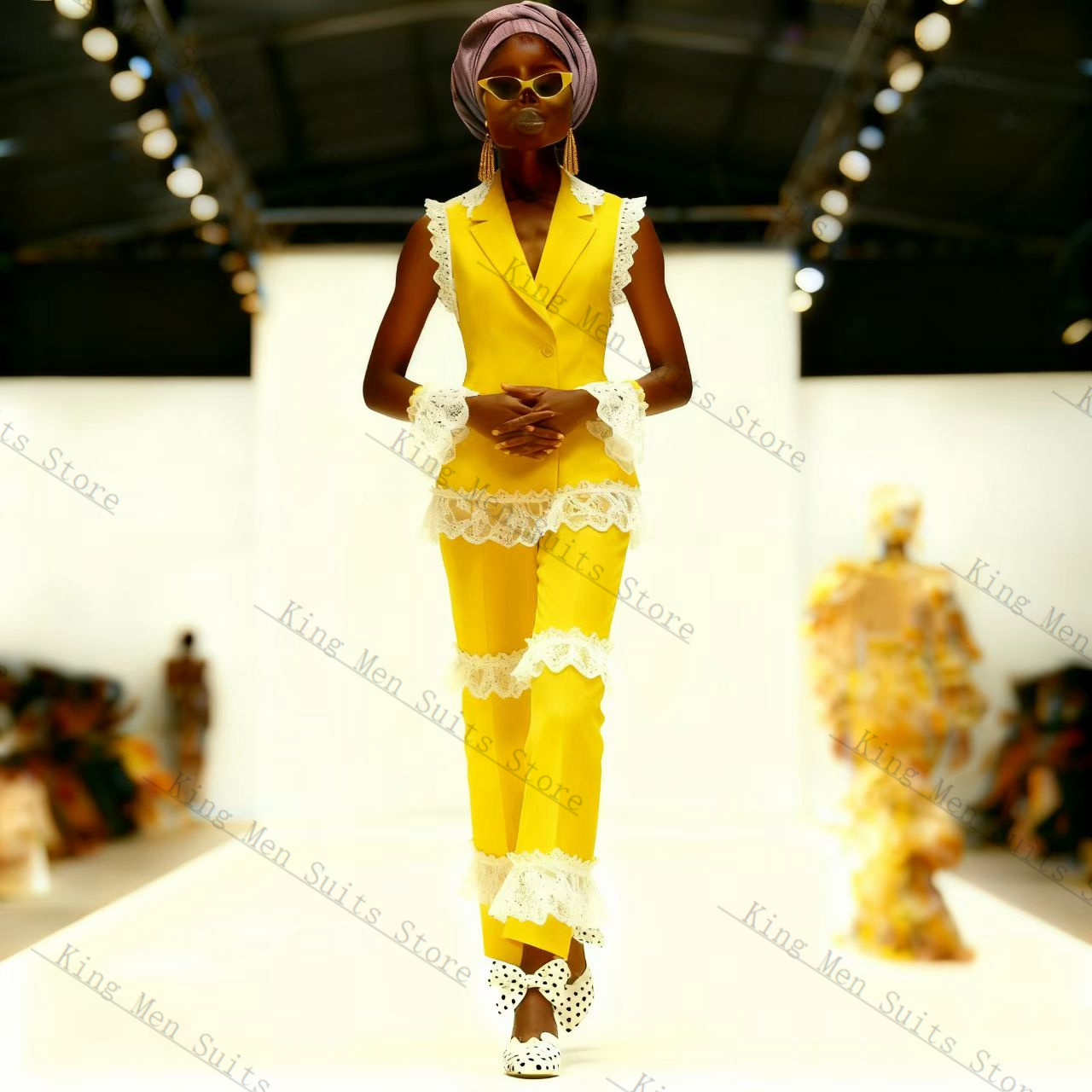 Yellow White Lace Women Suit S - Yellow Formal Wear Women 评论和价格