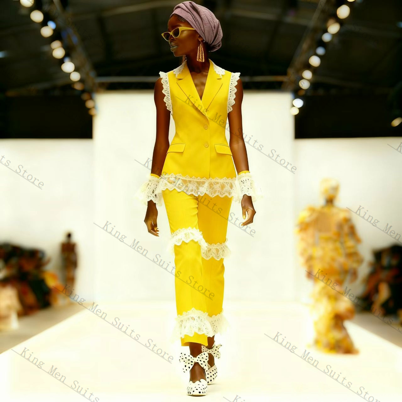 Yellow White Lace Women Suit S - Yellow Formal Wear Women 评论和价格
