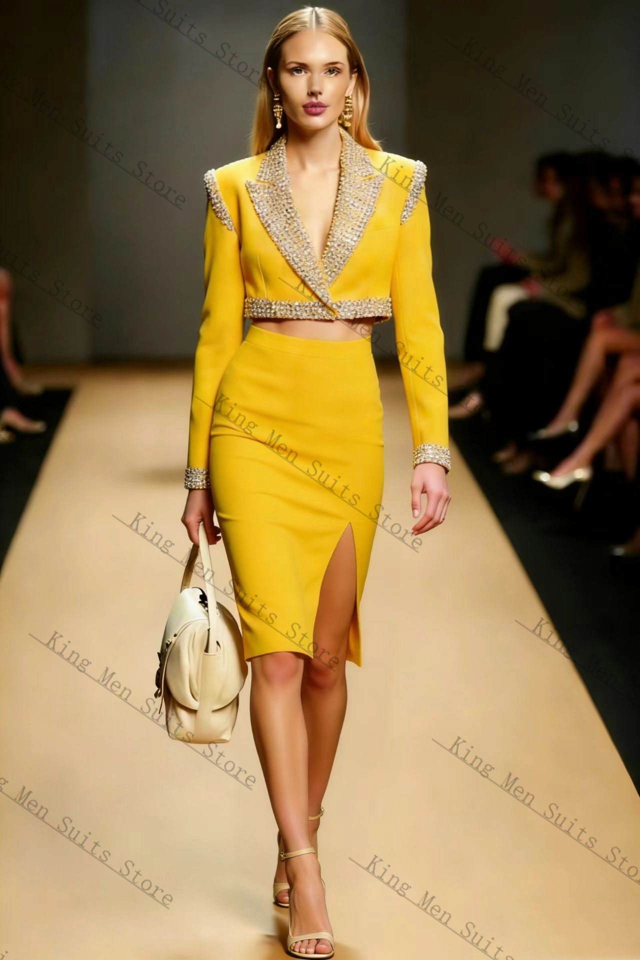 Yellow Crystals Women Suit Ski - Yellow Formal Wear Women 评论和价格