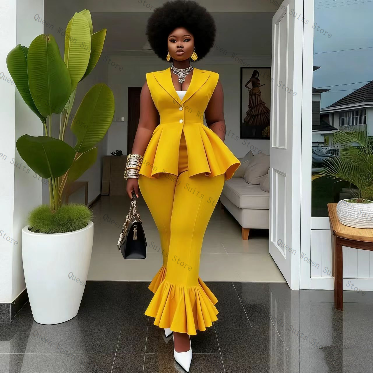Yellow Women Suit Pants Set 2  - Yellow Formal Wear Women 评论和价格