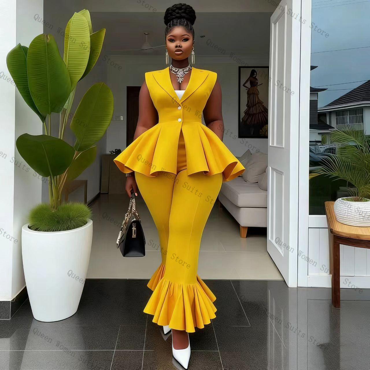 Yellow Women Suit Pants Set 2  - Yellow Formal Wear Women 评论和价格