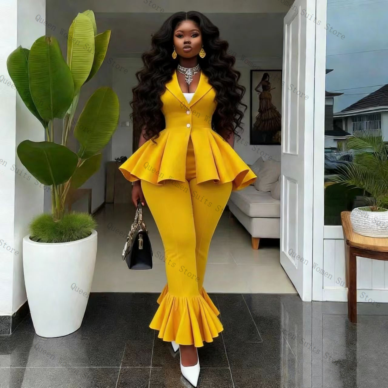 Yellow Women Suit Pants Set 2  - Yellow Formal Wear Women 评论和价格