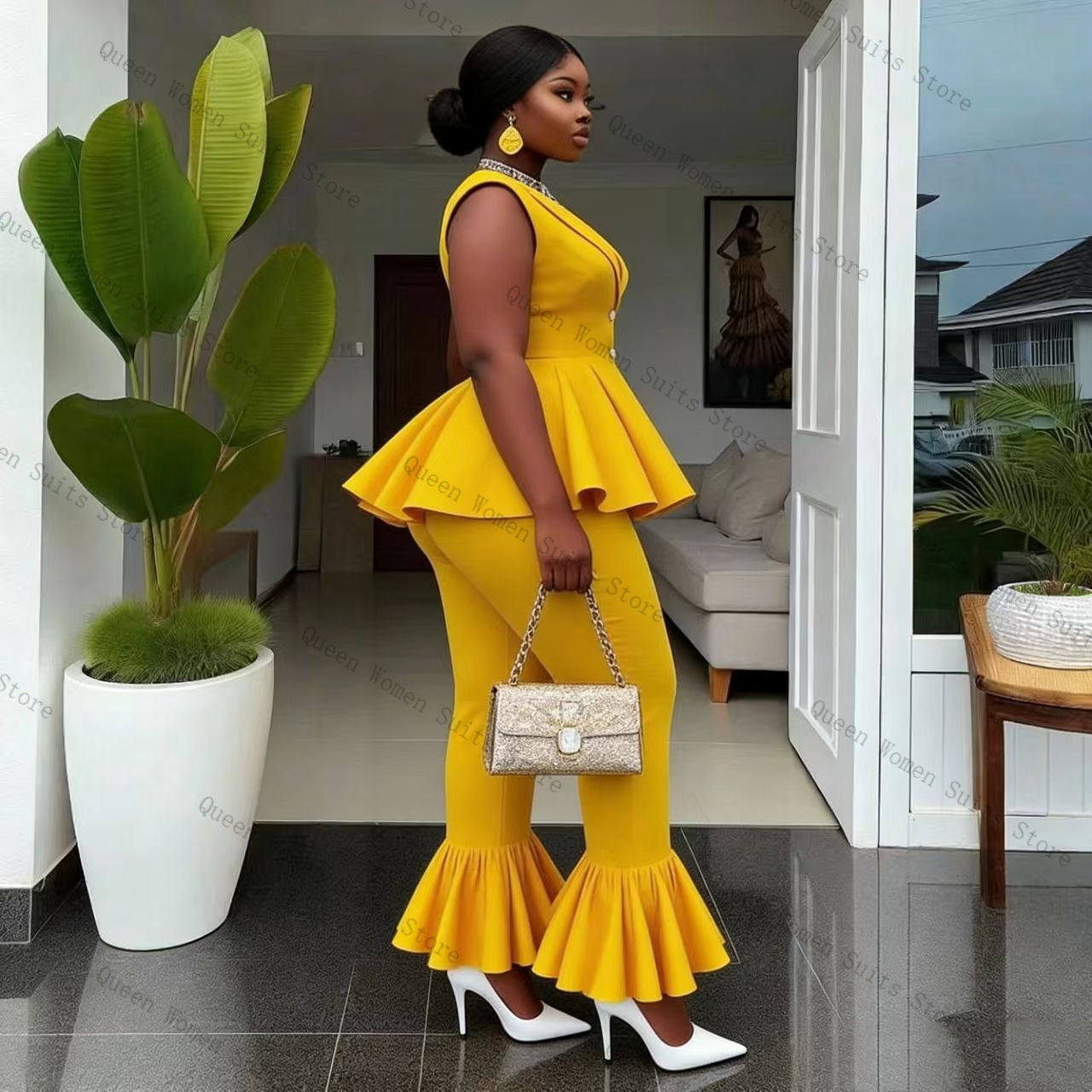 Yellow Women Suit Pants Set 2  - Yellow Formal Wear Women 评论和价格
